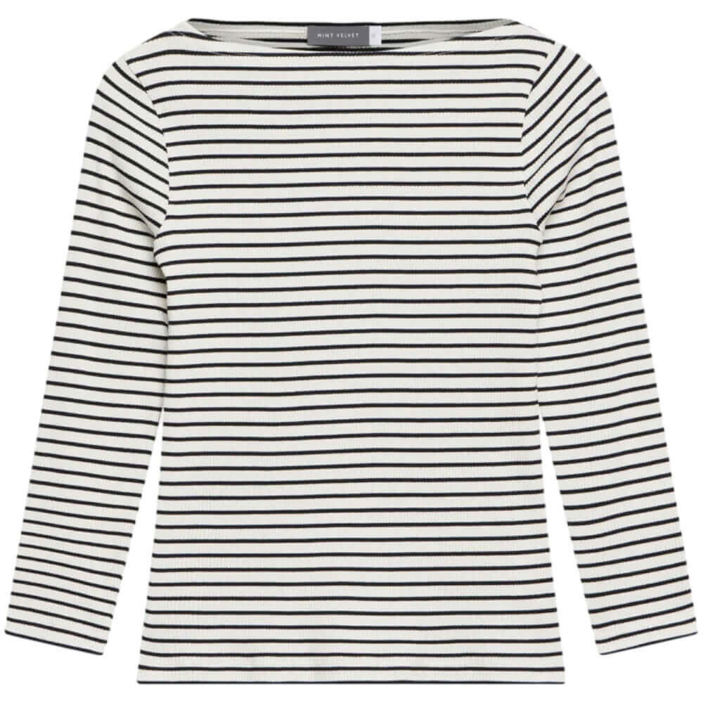 Mint Velvet White Striped Wide Neck Top